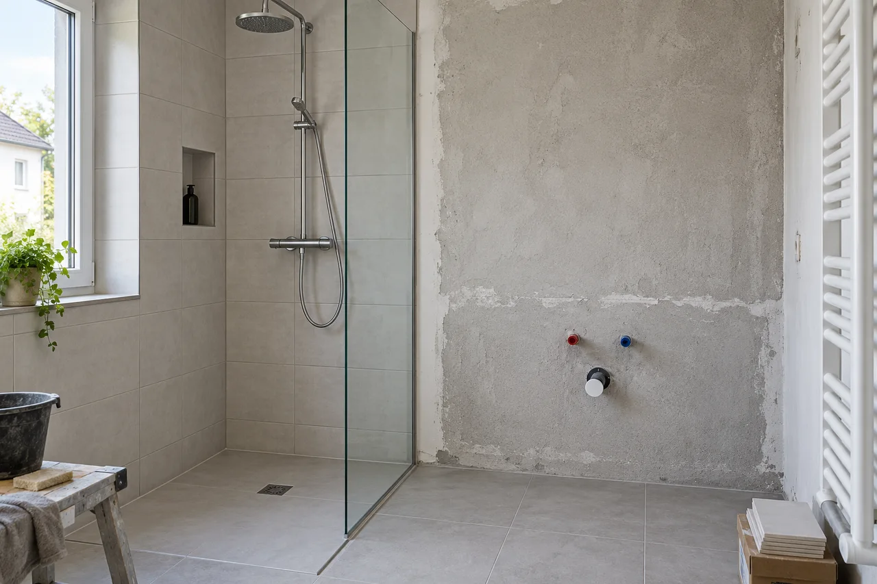 Bad im Umbau: geflieste Dusche neben einer noch unbearbeiteten Wand.
